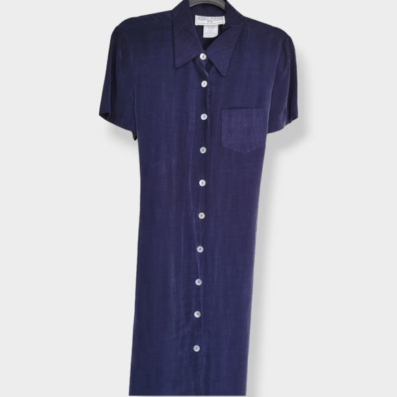 VINTAGE 1990s JESSICA HOWARD Button Front Shift Dress Navy - Picture 2 of 10